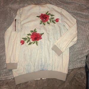 Lightweight Denim Jacket with Rose Appliqués